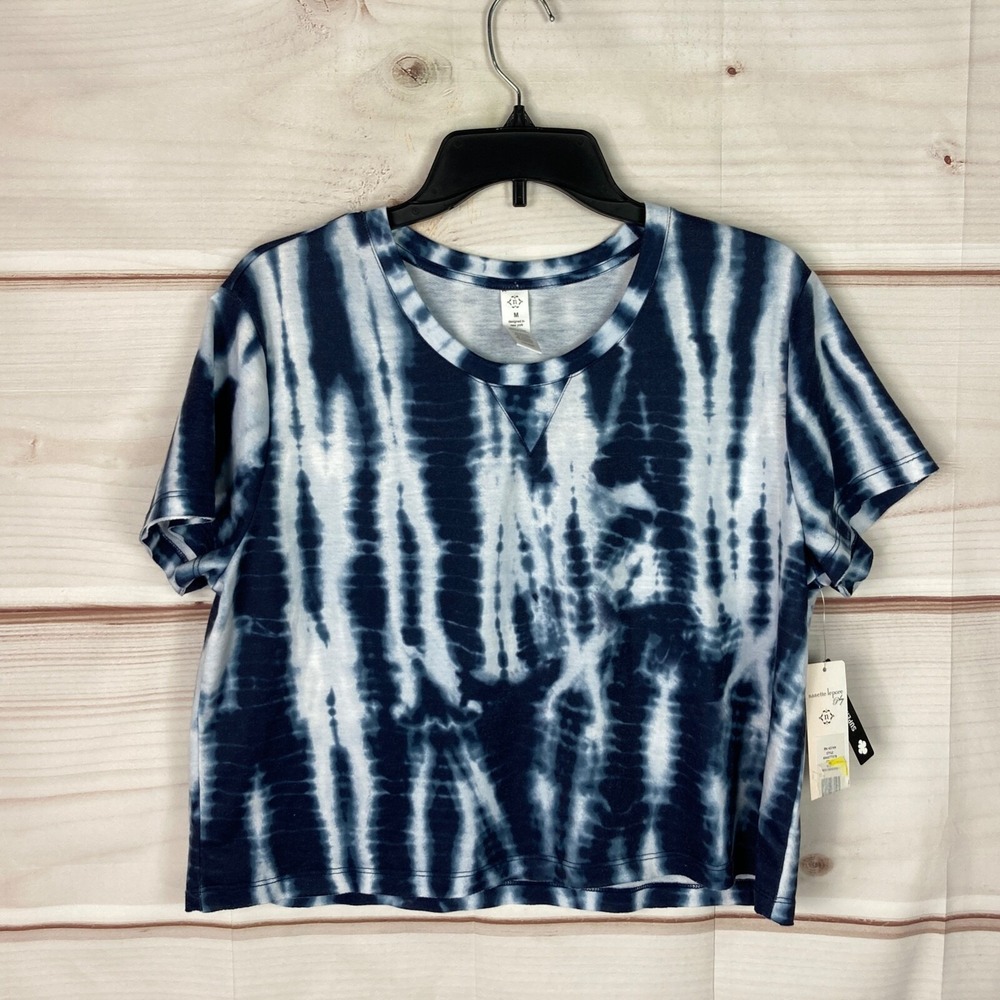 Nanette Lepore Play Top Womens M Tie Dye Soft Knit T-Shirt Blue Crew Neck Crop